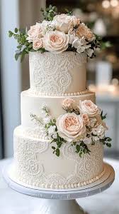 Elegant three-tier ivory wedding cake with white lace icing patterns and fresh peach roses