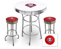 Both bars will serve a full array of beers, wines, and mixed drinks from the time gates open until the 7th inning or two hours after the scheduled start of the game, whichever comes first. Thefurniturecove Com Specilizes In This White Pub Bar Table Set Featuring The Philadelphia Phillies Mlb Team Logo Decal And 2 Red Vinyl Team Logo Decal Swivel Stools
