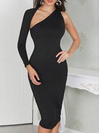 Boutiquefeel Solid Black One Sleeve Bodycon Dress Bodycon Dress Fashion Black Women Fashion