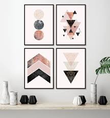 Black And Rose Gold Room Decor Set Of 4 Downloadable Geometric Prints In Blush Pink Rose Gold Etsy Pink Bedroom Decor Gold Bedroom Rose Gold Bedroom