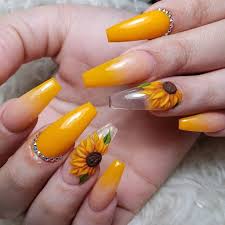 Lovely pink and glittered acrylic nail art for summer. 12 Summer Acrylic Nail Art Designs 2019 Letme Beauty Sunflower Nails Sunflower Nail Art Elegant Manicure Designs