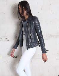 Kay Michaels Charcoal Grey Womens Quilted Biker Leather Jackets Women Fitted Biker Jacket Jackets