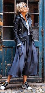 Long Blue Skirt Leather Jacket And Sneakers What Style High Fashion Street Style Long Blue Skirts Fashion
