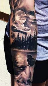 Night Sky Above The Trees And Below The Lion Have Moon Shine Through The Clouds To Light Up The Name Cl Sky Tattoos Night Sky Tattoos Sleeve Tattoos For Women