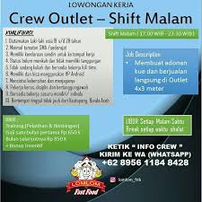Temukan info lowongan kerja / pekerjaan magang, mahasiswa, kerja sampingan terbaru yang bisa kamu apply sekarang, gratis! Loker Crew Outlet Lomlom Fast Food