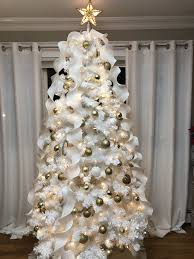 Spiral Ribbon White Christmas Tree With Gold White Ornaments White Feathery G White Christmas Tree Decorations Elegant Christmas Trees Spiral Christmas Tree