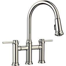 They allow you to quickly scrape dirt dishes and save you precious seconds per dinnerware and cookware. Blanco Empressa 2 Handle Bridge Kitchen Faucet With Pull Down Sprayer In Polished Nickel 442506 The Home Depot