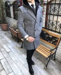 Terziademaltun Italyan Kesim Slim Fit Kapsonlu Kase Erkek Manto Kaban Acik Gri T2821 Mont Siyah Takim Elbise Fit