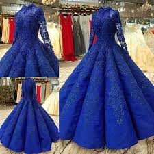 The falling into lace dark blue lace dress as an adorable sheer floral lace over a navy blue the dress is adorable, i love the color and material. Long Sleeves Arabic Muslim Ball Gowns Wedding Dresses African Royal Blue Lace Vintage For Bridal Women Wear Wedding Dresses Aliexpress
