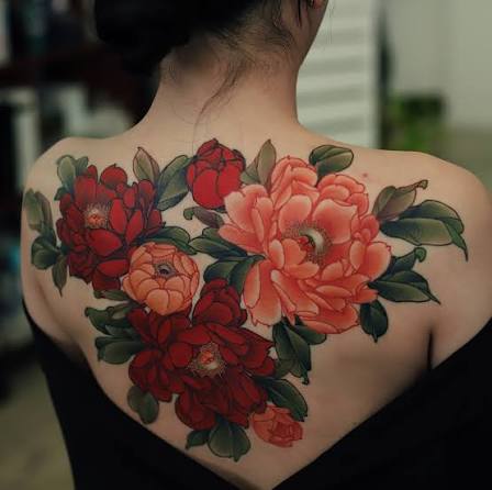 I worked on a bouquet piece on her upper back. She asked for the layout to be designed so that the tattoo wouldn't be visible when she's wearing regular clothes. So I