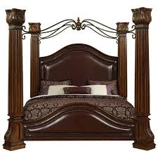 Lifestyle 9241 Queen Canopy Bed With Faux Leather Headboard Wood Posts Metal Canopy Ivan Smith Fur Queen Canopy Bed Canopy Bedroom Sets Leather Headboard