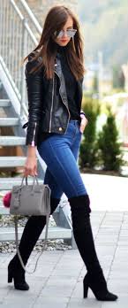 Black Boots With Blue Jeans Womens Rev Up Your Wardrobe With These Leather Jacket Outfits Just The Design Casual Winter Outfits Leather Jacket Outfits Stylish Leather Jacket