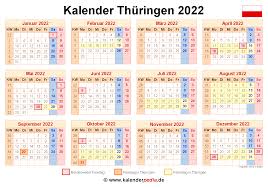 In thüringen gibt es allgemeine winterferien, osterferien, sommerferien, herbstferien und weihnachtsferien. Kalender 2022 Thuringen Ferien Feiertage Excel Vorlagen