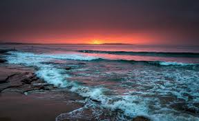 Blue water beach, water, sunset, waves, classic art. Wallpaper Sea Horizon Sunset Waves Foam Surf Beach Hd Widescreen High Definition Fullscreen