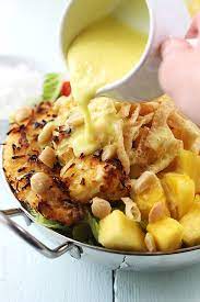 This piña colada recipe is pretty average. Pina Colada Chicken Salad With Pina Colada Vinaigrette Creme De La Crumb Unique Salad Recipes Roasted Pineapple Rum Chicken Pineapple Recipes