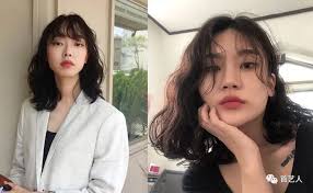 Permed short stacked bob with bangs. Korean Short Hair Perm
