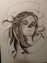 It is perfect for such a festive and important holiday. Black Ink Dia De Los Muertos Girl Face With Rose Tattoo Design