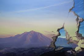 The Crossing Surreal Painting Beautiful Dusk Twilight Mountains Wall Crumbling Hole In Wall Titanic Ship Voyage Surrealism Painting Surreal Art Painting