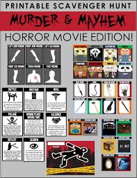 This collection of printable halloween trivia games includes questions about vampires, scary movies, candy, costumes and more. Printable Horror Movie Scavenger Hunt Murder Mayhem