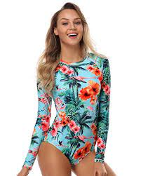 Axesea Womens Long Sleeve Rash Guard Uv Upf 50 Sun Protection Printed Zipper Surfing One Backless One Piece Swimsuit Rashguard Swimsuit Floral Print Swimwear