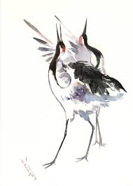 Artwork Japanese Art Black And White Japanese Crane Artwork Painting Two Cranes Original Watercolor Minimalist Painting Black White Red By Orig Animal Paintings Japanese Drawings Bird Artwork