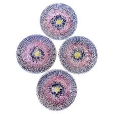 Set of 4 French Majolica Art Nouveau Purple Daisy Plates by Orchies