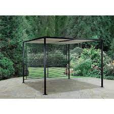 Hampton Bay Sicilia 9 Ft X 9 Ft Pergola With Roof And Slatted Back Panel 5rgz1389 Wbs The Home Depot Outdoor Pergola Aluminum Pergola Pergola Plans