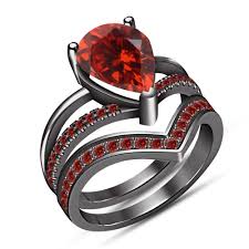 Black And Red Wedding Ring Sets 2 25 Carat Red Garnet 14k Black Gold Finish Wedding Set Bridal Engagement Ring Anniversary Ring Set Bridal Ring Set Bridal Engagement Rings
