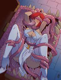 1girls ambiguous penetration blush bondage bound breasts  chromatic aberration clothed clothed sex clothing corset double penetration  dress female hands above head hands behind head heels lordtabaqui mimic  mimic chest
