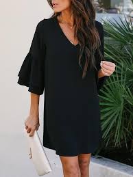 Solid V Neck Layered Ruffles Sleeve Dress Flowy Dress Casual Ruffle Sleeve Dress Ladies Mini Dresses