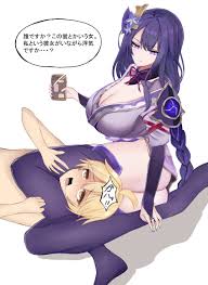 neri aisu, aether (genshin impact), raiden shogun, genshin impact,  absurdres, highres, translated, 1boy, 1girl, asphyxiation, ass, blonde  hair, braid, breasts, cleavage, clothed female nude male, femdom, flower,  hair between eyes, hair flower,