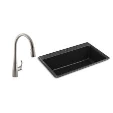 Cast iron double bowl farmhouse kitchen sink with smart divide in basalt. Kohler Kennon Drop In Undermount Granite Composite 33 In Single Bowl Kitchen Sink With Bellera Kitchen Faucet In Matte Black K R8437 1 560 The Home Depot