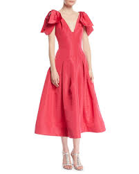 Oscar De La Renta V Neck Bow Shoulder Fit And Flare Tea Length Silk Faille Cocktail Dress Tea Length Cocktail Dresses Tea Length Dresses Strapless Cocktail Dresses