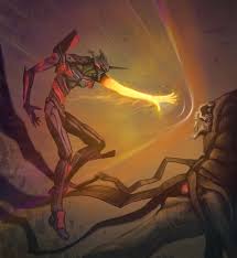 katou yuu, angel (evangelion), eva 01, zeruel (evangelion), evangelion: 2.0  you can (not) advance, neon genesis evangelion, rebuild of evangelion,  highres, 00s, fire, flaming hand, full body, glowing, horns, mask, mecha,  mecha