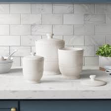 This is a lovely blue & white round canister. Birch Lane Milford Dinnerware 3 Piece Kitchen Canister Set Reviews Wayfair Ca