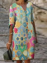 Women S Shift Dress Knee Length Dress Half Sleeve Tribal Print Fall V Neck Hot Casual Vacation Dresses Loose 2020 Blue S M L Xl Xxl 3xl 2020 Us 20 89