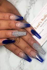 Cute Navy Blue Ombre Coffin Nails With Silver Glitter Accent Nail Design Navyombrenails Ombrenails Blue Ombre Nails Blue Acrylic Nails Blue Nails