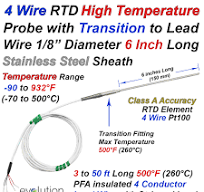 4 Wire High Temperature RTD Probe 1/8" Diameter 6" Long with Metal  Transition with 3 to 50 FT of PFA Lead Wire