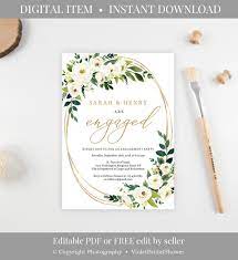 Greenery And Gold Engagement Invitation Template Printable White Flowers Floral Wedding Invitations Borders Engagement Invitation Cards Engagement Invitations