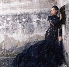 Black Mermaid Lace Wedding Dresses With Long Sleeves High Neck Ruffles Skirt Women Non White Bridal Gowns With Color Couture Custom Made From Babybridal Black Lace Wedding Dress White Bridal Gown