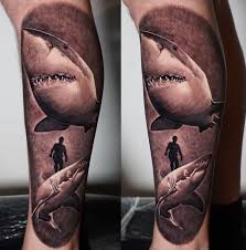 Black And White Shark Tattoo Sleeve Great White Shark Bites A Freediving Full Tattoo Day With Massi Blackandgreytattoo Realisti Full Sleeve Tattoos Black And Grey Tattoos Arm Sleeve Tattoos