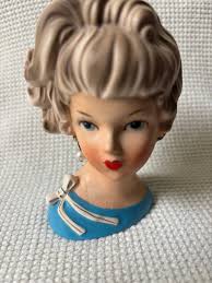 Vintage Relpo lady head vase 4.5” blue bow dress K 1942 planter Rare