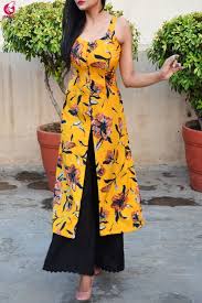 Black And Yellow Suit Design Buy Mustard Yellow Printed Crepe Kurta With Black Lakhnawi Palazzo Kurti Set Online In India Trendy Dress Outfits Designs For Dresses Kurta Designs Women
