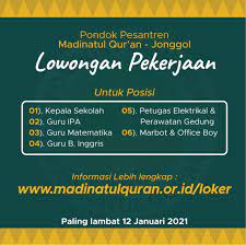 Kami memberikan informasi lowongan kerja resmi terbaru dan akurat. Lowongan Kerja Madinatul Qur An 12 Januari 2021 Madinatul Qur An Jonggol