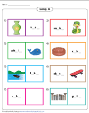 These words highlight the short vowels such as the a in cat , the e in bed , the i in fin , the o in top , and the u in sub. Long A Worksheets