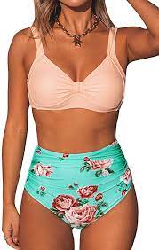 Amazon Com Cupshe Women S Floral Peach Blue High Waisted Bikini Sets Clothing Bikini Set High Waist High Waisted Bikini Bikinis