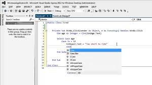 The vba select case statement is sometimes called switch case, which can make distinguishing it from the switch function rather confusing! Select Case Vb Net Visual Basic Tutorial Youtube