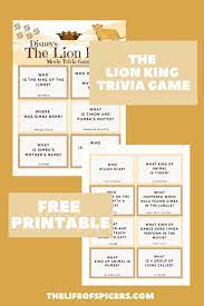 Nov 14, 2021 · king james bible trivia questions and answers / mar 29, 2021 · here are the best bible trivia questions and answers, including fun, easy bible quizzes for kids and youth, and hard questions for teens and adults. The Lion King Movie Trivia Quiz Free Printable The Life Of Spicers
