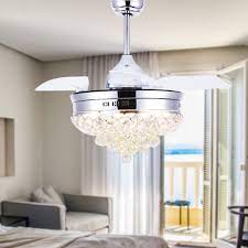 Mingshop 42 inch crystal ceiling fan light, led chandelier fan with remote control invisible retractable blade extension design, dimmable wind speed decorative pendant lamp(gold). 42 Blade Semi Flush Mount Ceiling Fan Chandelier Remote Dining Room Ceiling Fans Lamps Lighting Ceiling Fans