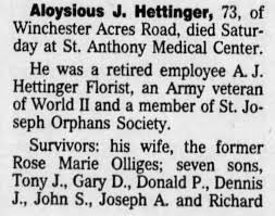Obituary for Aloysious J. Hettinger Part 1